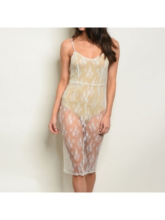 None Dresses & Skirts - NWT Womens White Nude Mesh Midi Dress Floral Detail Back Slit Elegant Cocktail